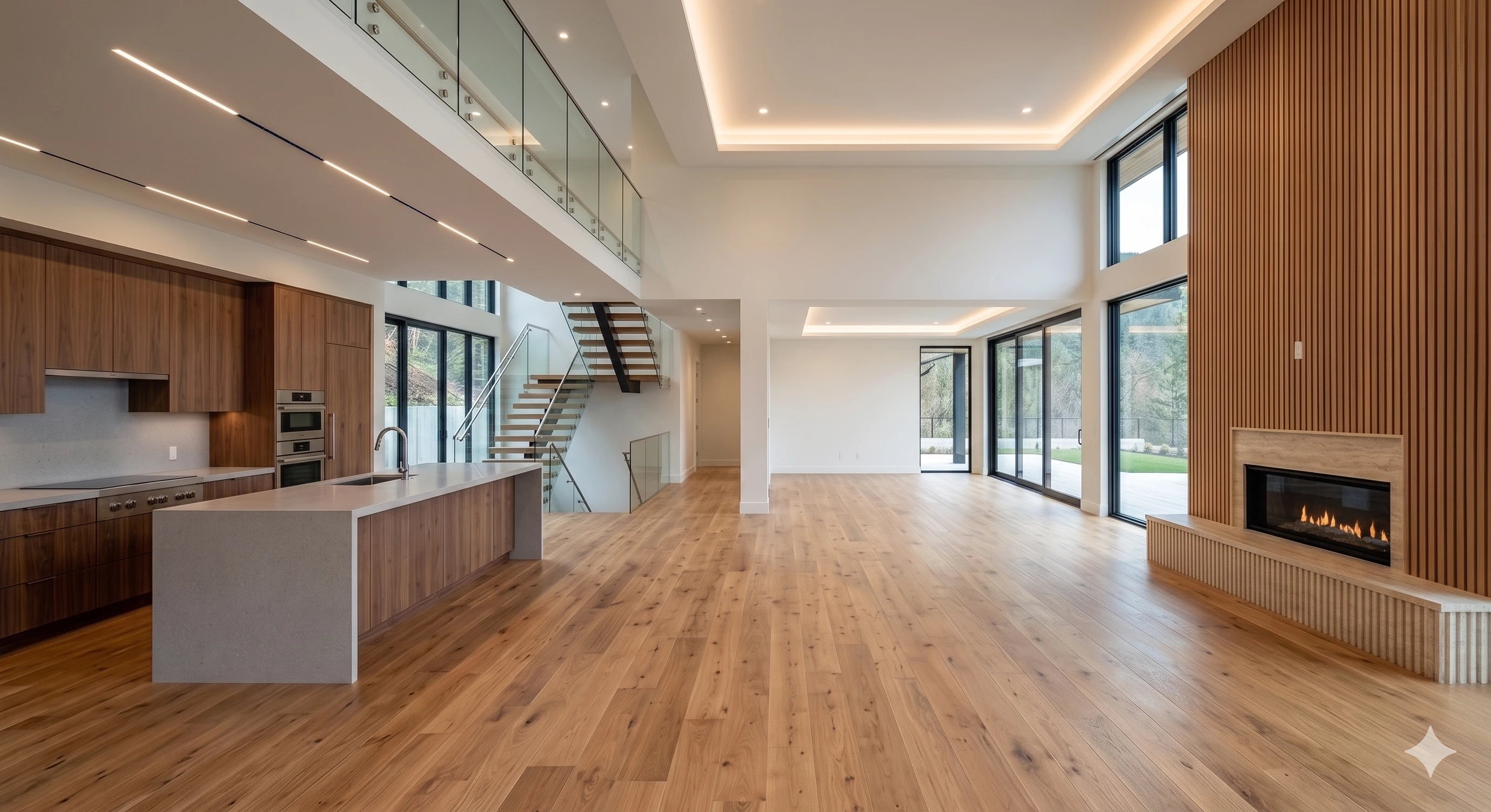 Modern luxury open-plan interior after professional post-remodel precision cleaning
